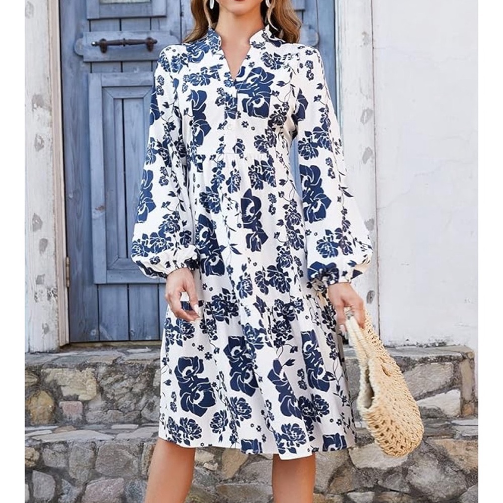 Dark Blue & White Floral Print V Neck Ruffle Hem Lantern Long Sleeve Midi Dress